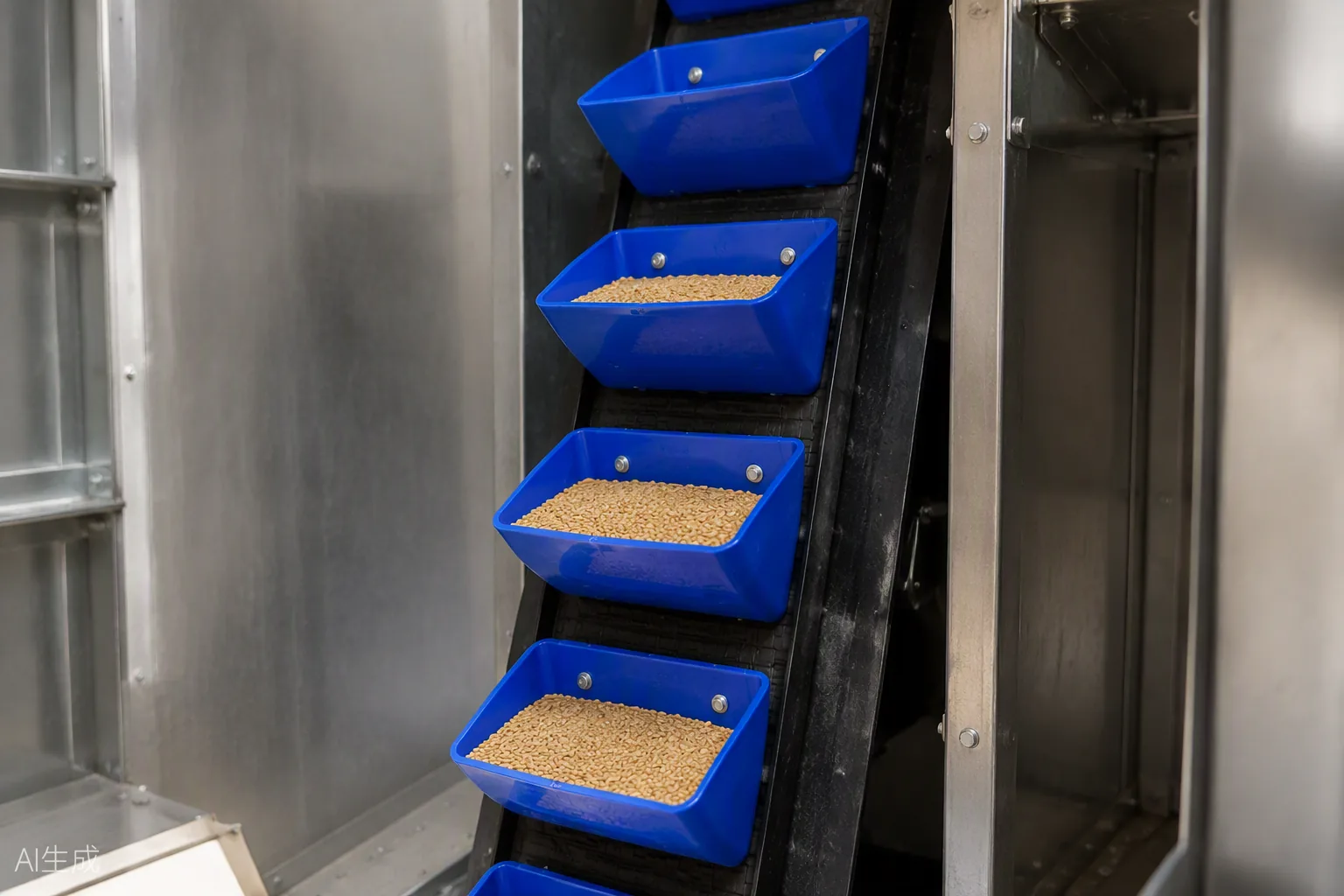 Food-blue HDPE elevator buckets bolted on an elevator belt in grain handling — Toolmetrics Engineers