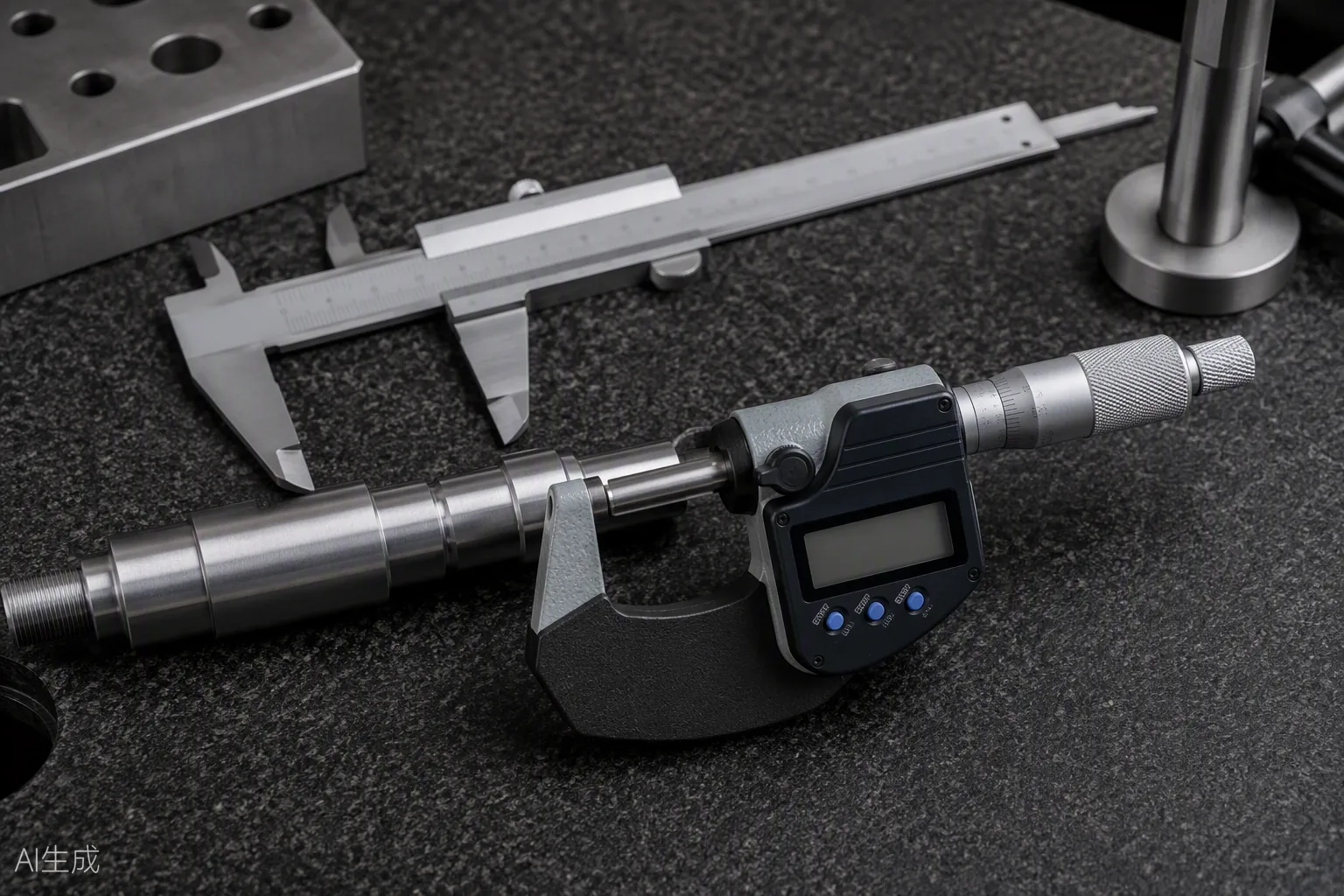 Digital micrometer measuring a turned steel shaft beside a vernier calliper on a granite surface plate — Toolmetrics Engineers