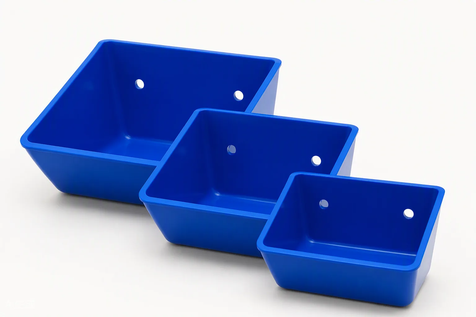Food-blue HDPE elevator buckets, deep-formed cups with twin bolt mounting holes — Toolmetrics Engineers