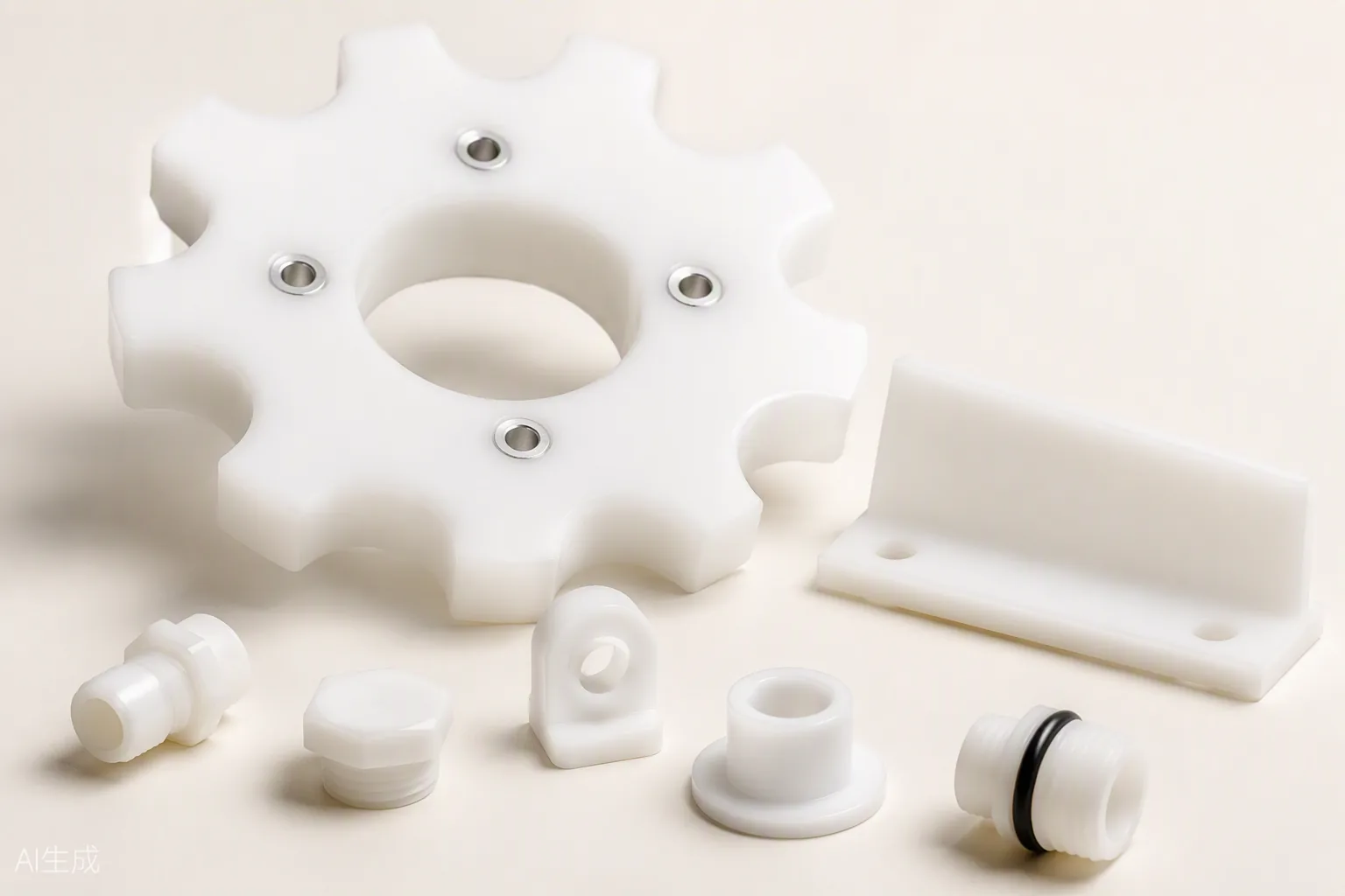Food-grade star guide, scraper blade and fittings, white PP and acetal, injection moulded — Toolmetrics Engineers