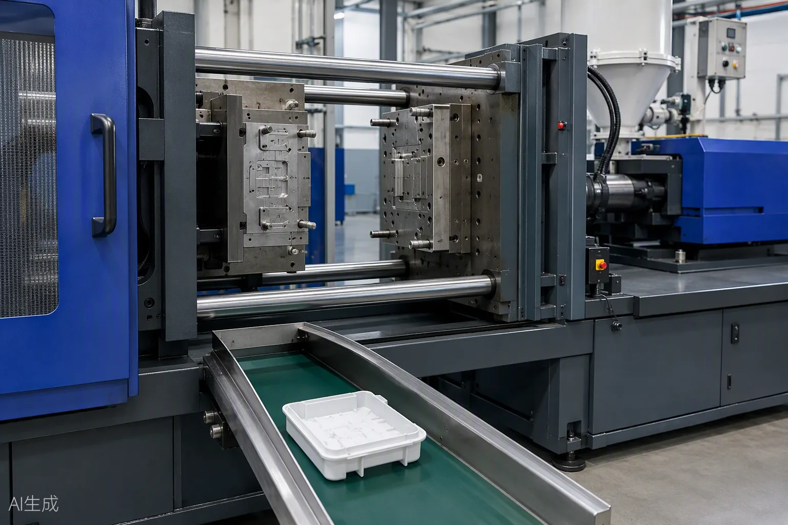 Injection-moulding machine with open platens and a finished white plastic part — Toolmetrics Engineers