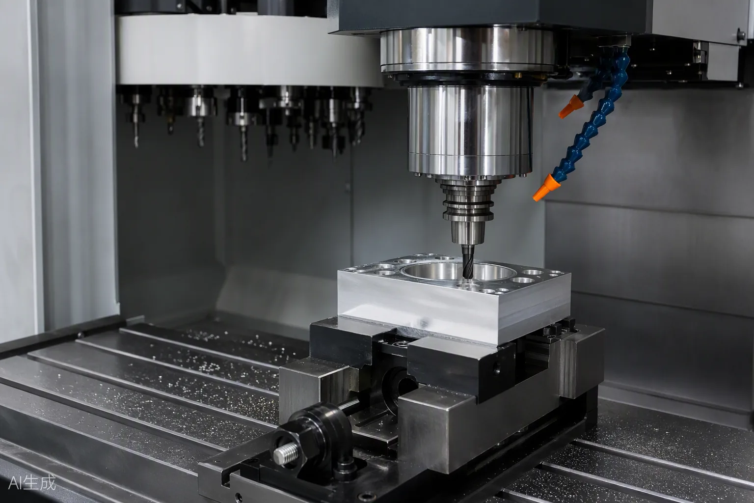 Vertical machining centre milling a vice-held aluminium block — Toolmetrics Engineers